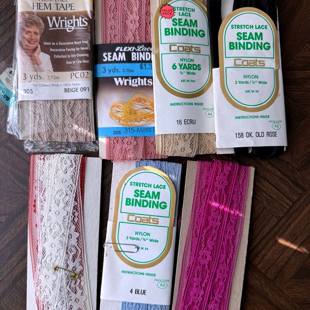 Vintage Coats Wrights Stretch Lace Seam Binding Hem Tape Lot Blue Pink Ecru 3/4"